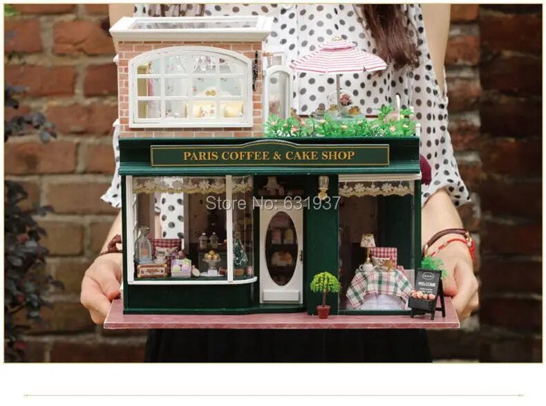 Diy Big Doll House Wodden Miniature coffee shop  CreativePuzzle Model Toys Doll Houses Birthday Christmas New Yaar Gift
