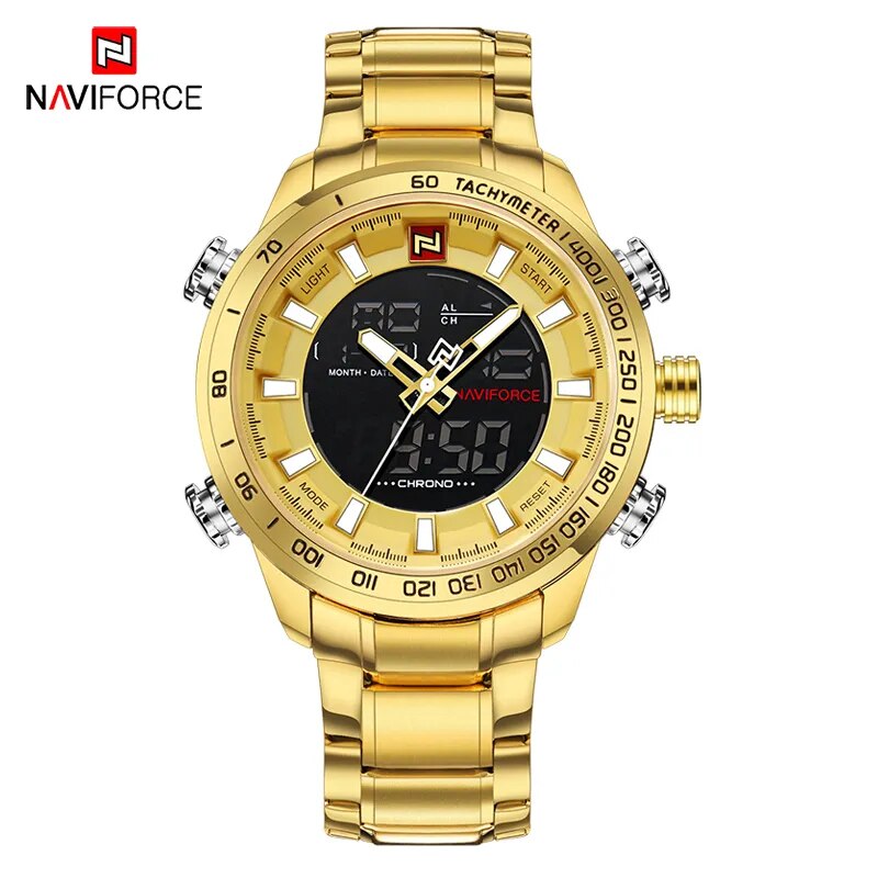 NAVIFORCE Men Clock Gold Watch Mens Digital LED Sport Wristwatch Men's Quartz Dual Display Waterproof Watches Relogio Masculino