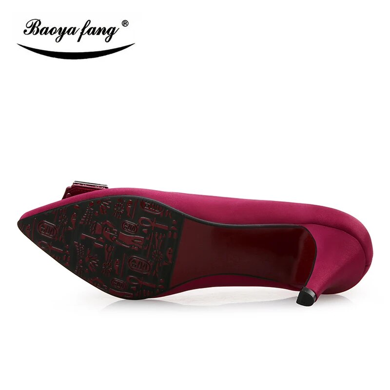 BaoYaFang Brand Satin Womens single shoes ladies 7cm thin heel High Pumps women Red sole Party Dress shoes Birde weidding shoes