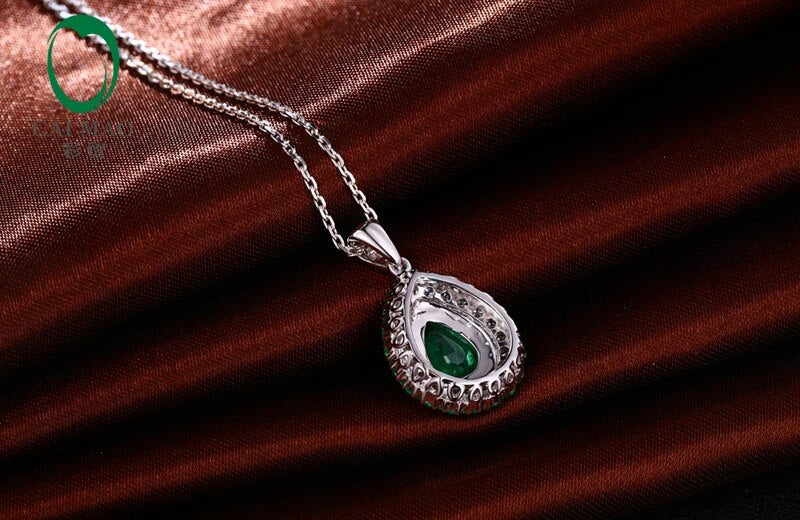 18K/Au750 Pear Shape 1.63ctw Natural Emearld & Diamonds Engagement Pendant Caimao Jewelry