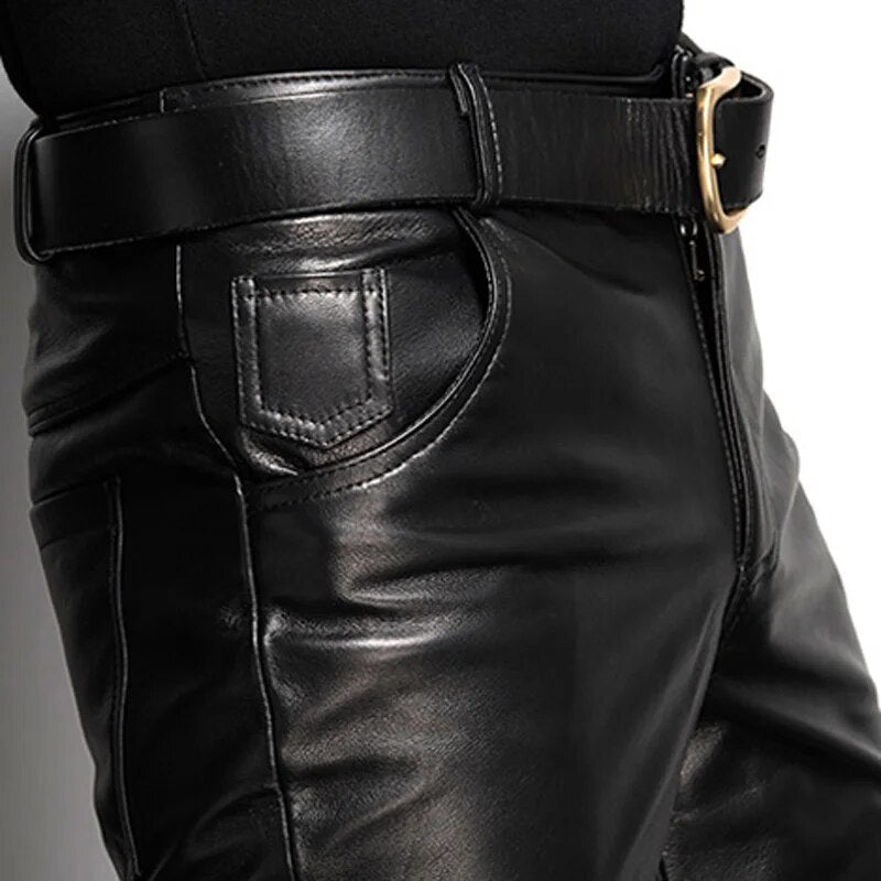 Men's Leather Pant Slim Leather Skinny Biker Pants Motorcycle  Punk Rock Pants Tight Leather Pant Simple soft TJ09