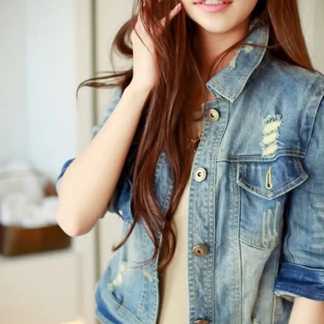 Women Short Cowboy Coats Leisure Outwear Slim Diamonds Half sleeve Women's Denim Blue Jacket Coat Holes Jean Jackets