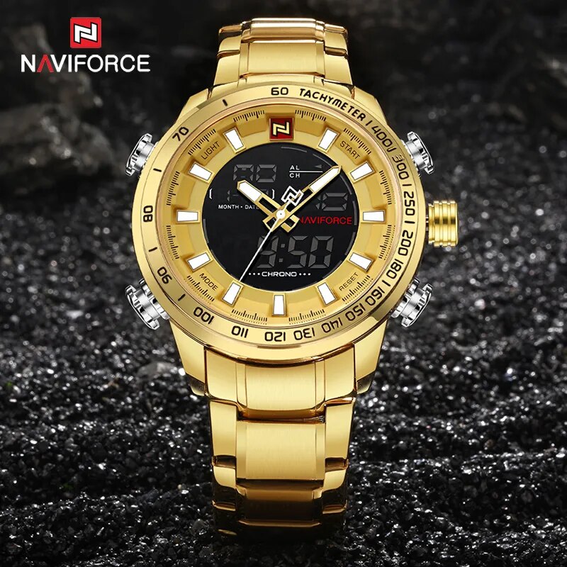 NAVIFORCE Men Clock Gold Watch Mens Digital LED Sport Wristwatch Men's Quartz Dual Display Waterproof Watches Relogio Masculino