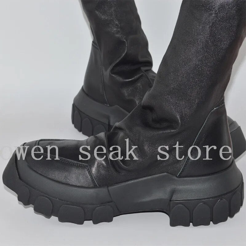 Owen Seak Men Shoes Knee High Boots Sheepskin Leather Luxury Trainers Women Winter Boots Casual Flats Shoes Black Big Sneakers