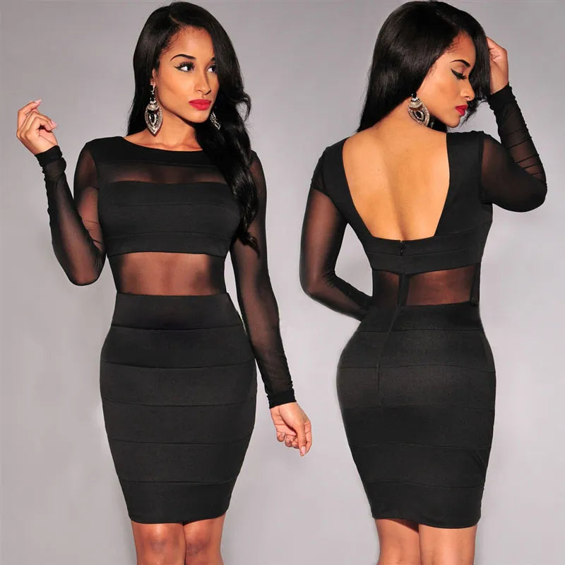 XS-XXL Sexy Bandage Dress New Winter Black White Dress Long Sleeve Mesh Patchwork Hollow Out Pencil Bodycon Dress Female Dresses - KAISERINC