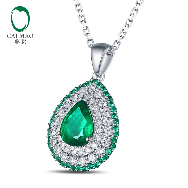 18K/Au750 Pear Shape 1.63ctw Natural Emearld & Diamonds Engagement Pendant Caimao Jewelry