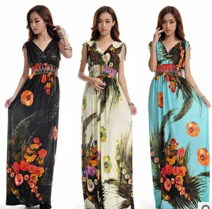 Beach Dress Plus Size 6XL Dresses Women Summer Casual Clothing Bohemian Silk Floral V-neck Maxi Dress Casual Vestido C99 - KAISERINC
