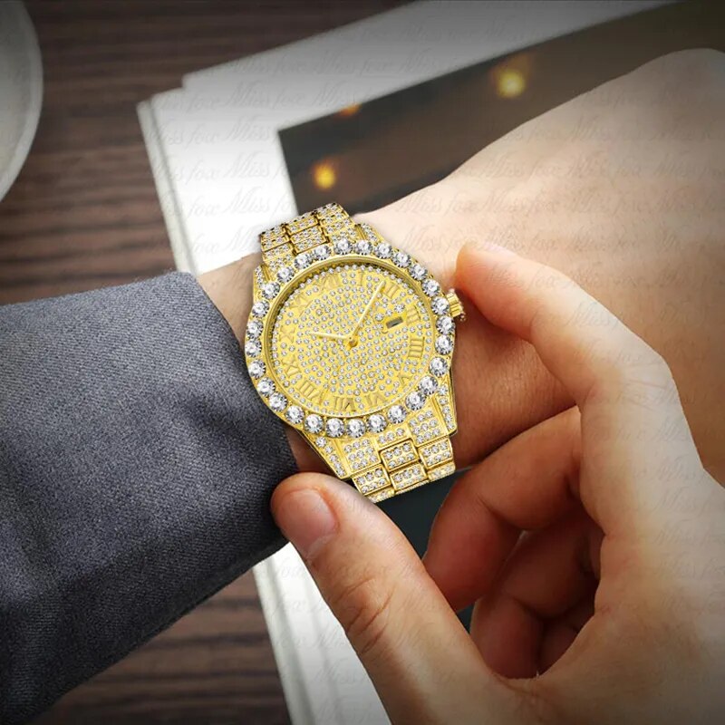 MISSFOX Men's Watch 2020 Top Selling Luxury Brand Gold Men Fashion Watches Men Big Diamond Bracelet Luxury Watch Men Gift Box