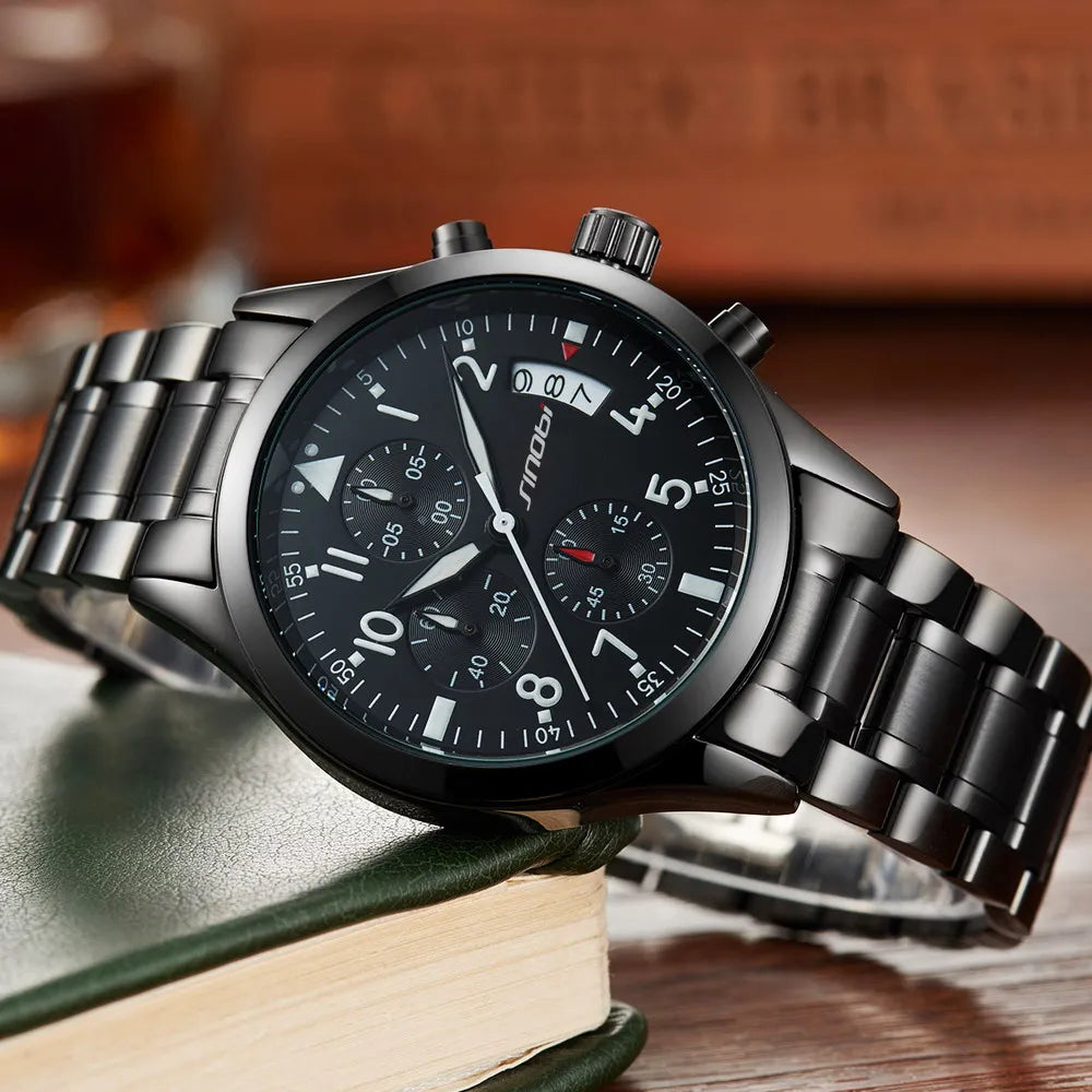 SINOBI High Quality Pilot Men's Chronograph Wrist Watch Waterproof Luxury Brand Stainless Steel Diver Males Geneva Quartz Clock
