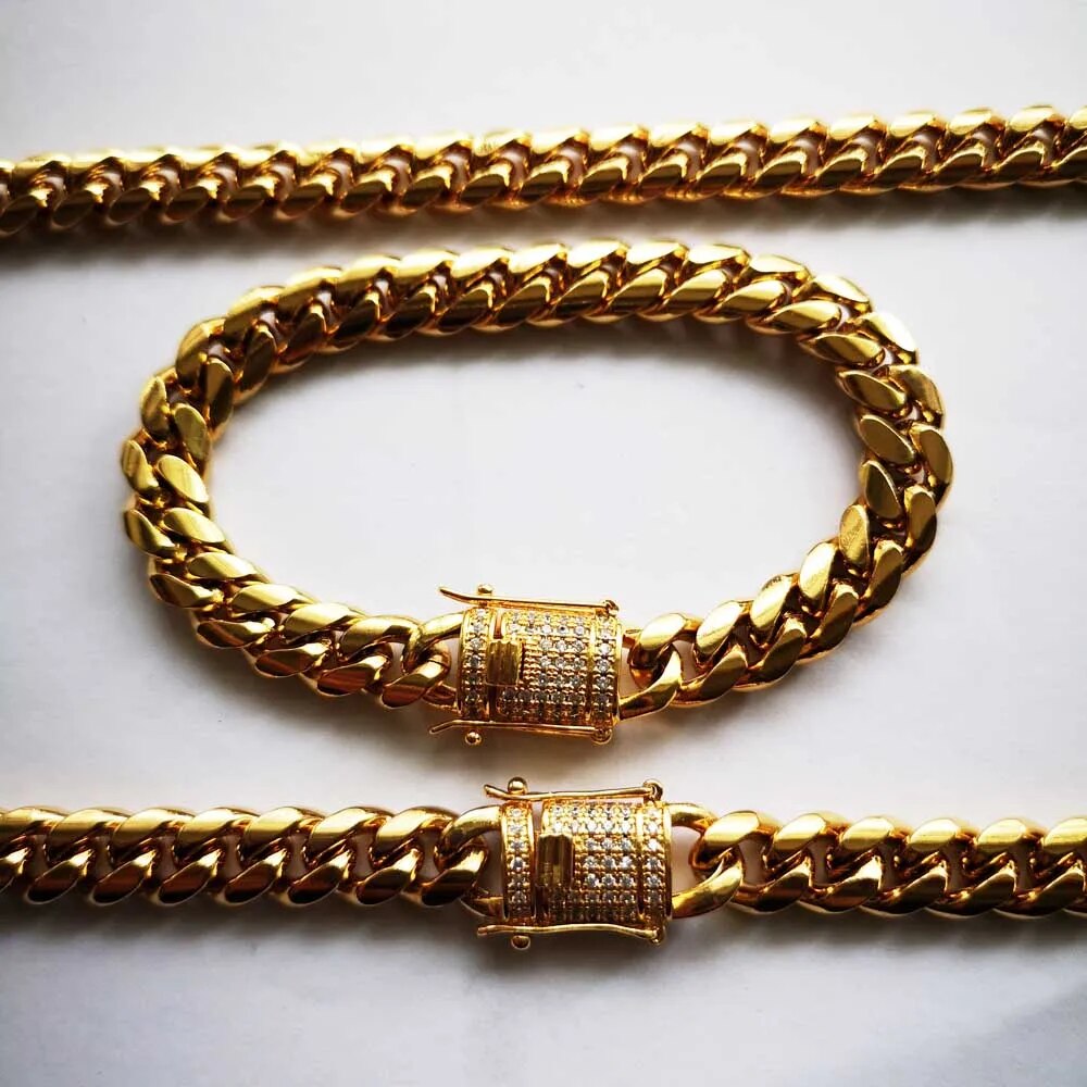 12mm Stainless Steel Luxury CZ Miami Cuban Chain Male Jewelery set Hip Hop Men Curb Rhinestone Clasp Link Necklace Bracelets