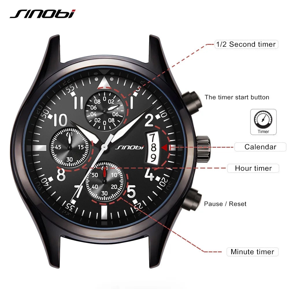 SINOBI High Quality Pilot Men's Chronograph Wrist Watch Waterproof Luxury Brand Stainless Steel Diver Males Geneva Quartz Clock