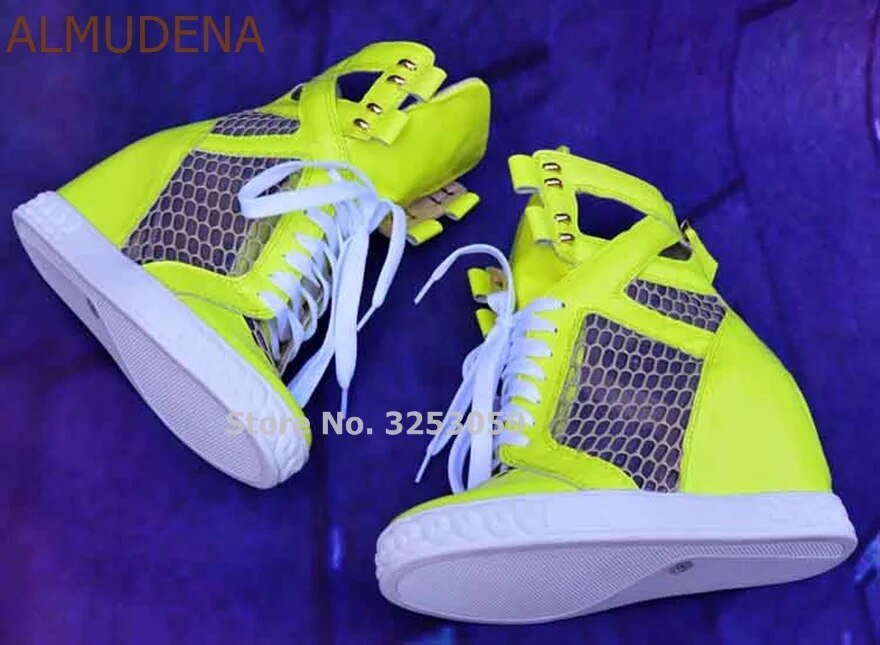 ALMUDENA Girls Red Lemon Patchwork Breathable Hollow Out Sneakers 8cm Wedge Heel Height Increasing Ankle Boots Leisure Shoes