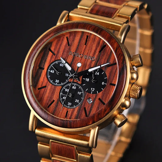 BOBO BIRD Gold Watch Men Luxury Brand Wooden Wristwatches Male Date Display Stop Watches reloj golden hour