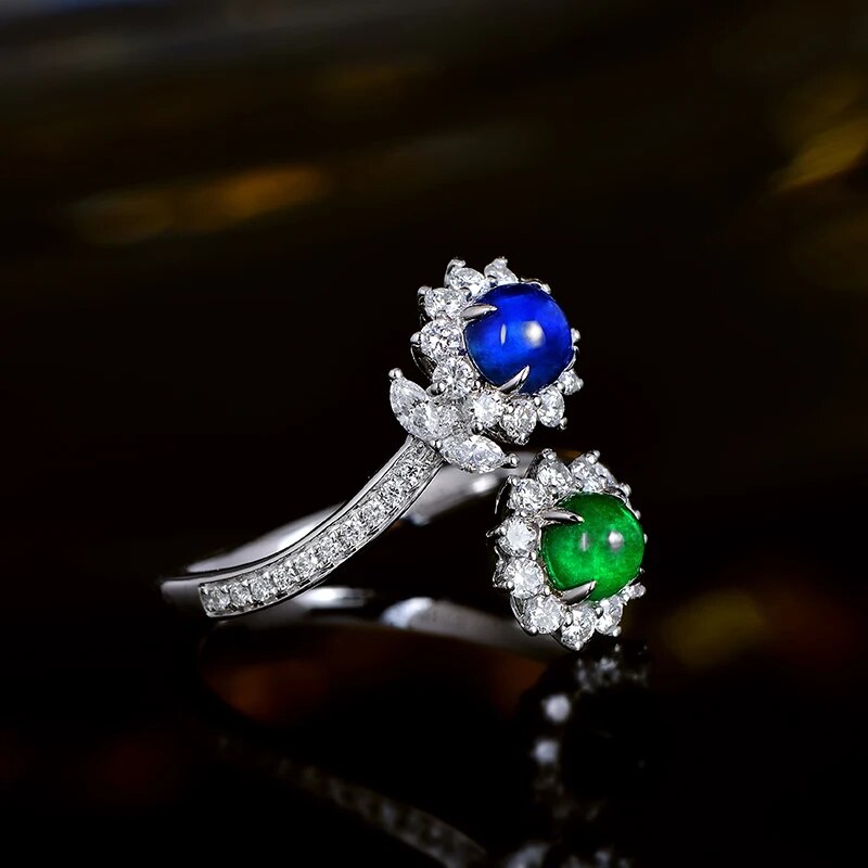 CAIMAO Natural Cabochon Cut Emerald and Sapphire Halo H SI Brilliant Diamonds Engagement Wedding Ring for Annivesary Finegems