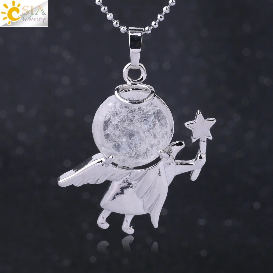 CSJA Cute Angel Pendant Natural Stone Necklace Pink Quartz Purple Crystal Beads Pendants for Women Healing Fashion Jewelry F872