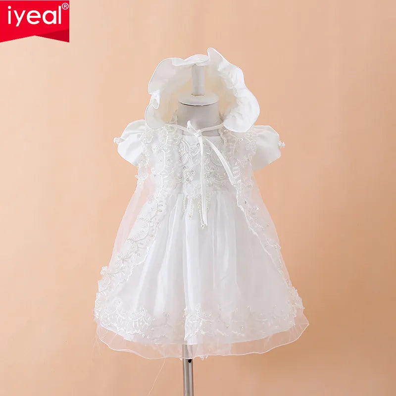 IYEAL Baby Girls Christening Gown Dresses+Hat+Shawl Vestidos Infantis Princess Wedding Party Lace Dress for Newborn Baptism 3PCS - KAISERINC