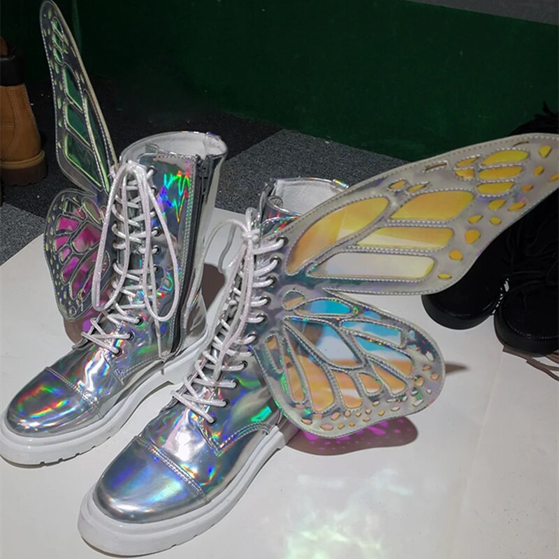 Women Butterfly Wings Sneakers Shine Silver Short Boots Lace Up Colorful Ladies Shoes Sneakers With Sequines Women Runway Boots