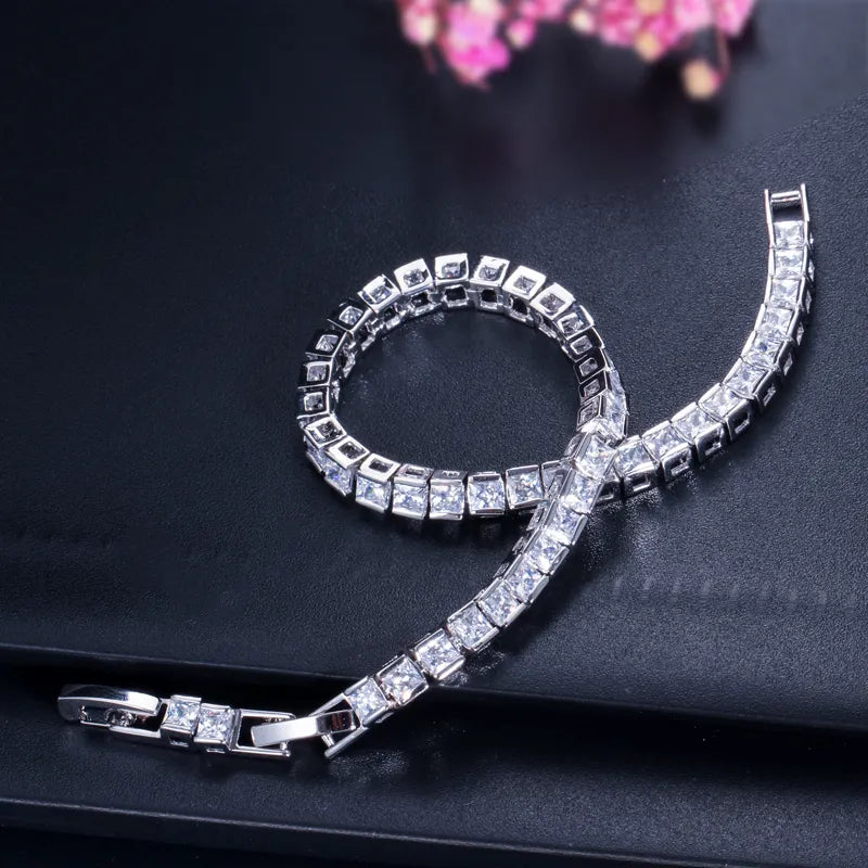CWWZircons Brand Square 3mm Cubic Zirconia Tennis Bracelets for Woman White Gold Color Princess Cut CZ Wedding Jewelry CB169