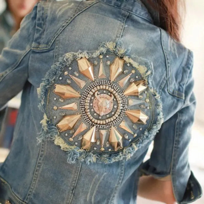 Women Short Cowboy Coats Leisure Outwear Slim Diamonds Half sleeve Women's Denim Blue Jacket Coat Holes Jean Jackets - KAISERINC