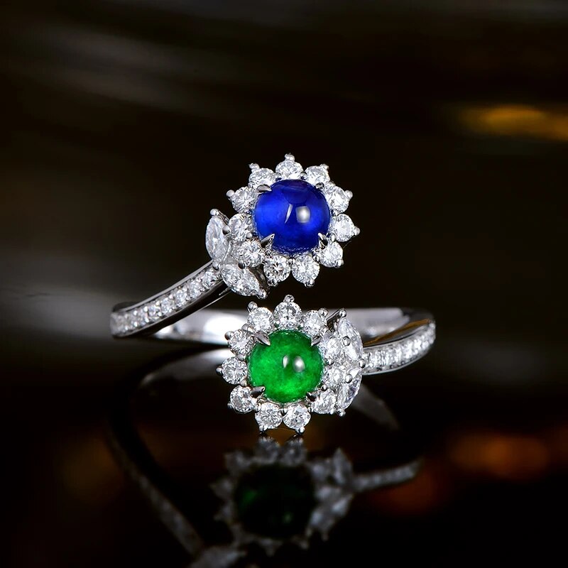 CAIMAO Natural Cabochon Cut Emerald and Sapphire Halo H SI Brilliant Diamonds Engagement Wedding Ring for Annivesary Finegems