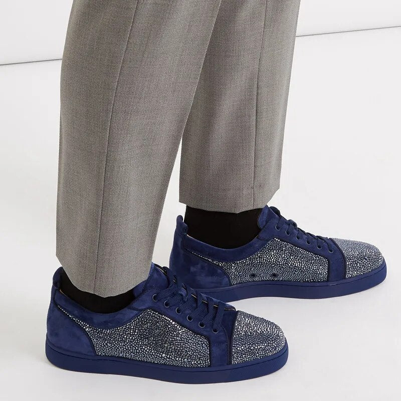 Fashion Blue Black Suede Leather Men Casual Shoes Rhinestone Sneakers Low Top Lace Up Flats Runway Chaussures Hommes