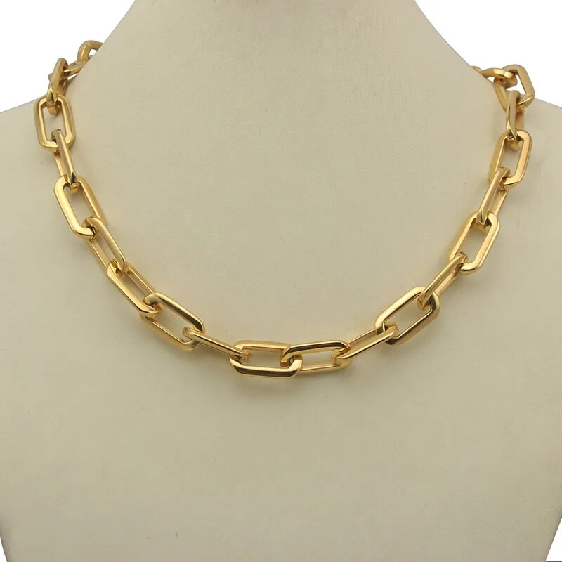 Thick Flat Rounded Rectangle Gold-color Link Chain Necklace Men Women Stainless Steel Fashion Jewelry 1 Piece