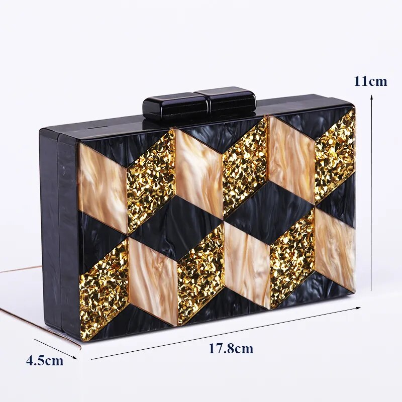 New Female Black Pearlescent Acrylic Evening Bags Vintage Women Messenger Bags Gold Sequins Clutches Patchwork Party Handbags