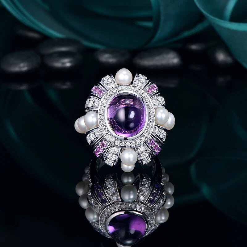 7.25ct Natural Amthyst 1.82ct Natural Diamonds and 0.42ctw Amethyst Pearl 14K White Gold Engagement Ring