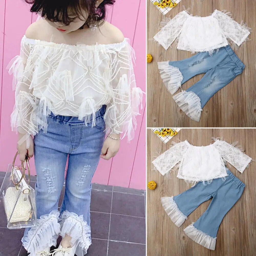 Kid Baby Girl Clothes 2019 New in Fashion Summer White Off-shoulder Lace T Shirt Tops Destroyed Jeans Pants