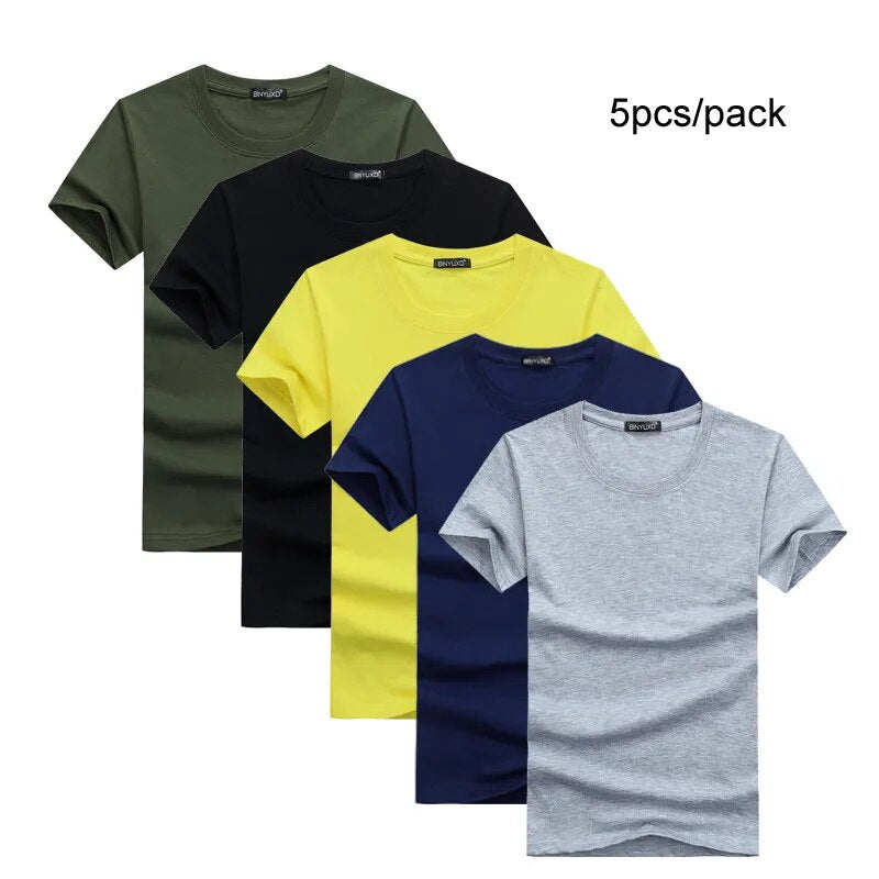 5pcs/lot Casual Style Solid Men's Basic T-shirts Short Sleeved Cotton Spandex Tee Shirts Black Yellow Male Teens Summer Tops