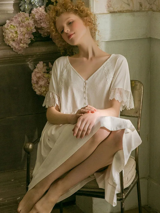 2019 Summer White Cotton Sweet Women's Nightgowns Soft Loose Sleepwear Elegant Vintage Princess Lace Night Dress 19523
