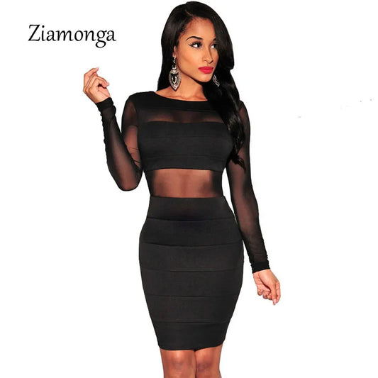 XS-XXL Sexy Bandage Dress New Winter Black White Dress Long Sleeve Mesh Patchwork Hollow Out Pencil Bodycon Dress Female Dresses - KAISERINC