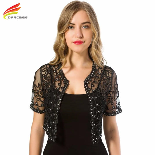 Women Basic Coat 2023 Summer Style Women Perspective Shawl Fashion Hollow Out Lace Boleros Short Sleeve Coats Jackets Female - KAISERINC