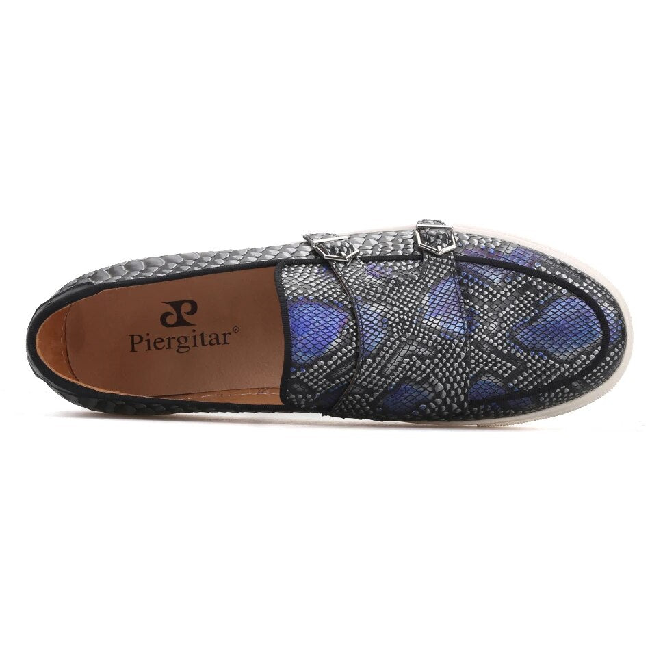 Piergitar 2019 mixed colors Genuine Leather Snake print Men sneakers Handcrafted Sporty style men's casual shoes white bottom