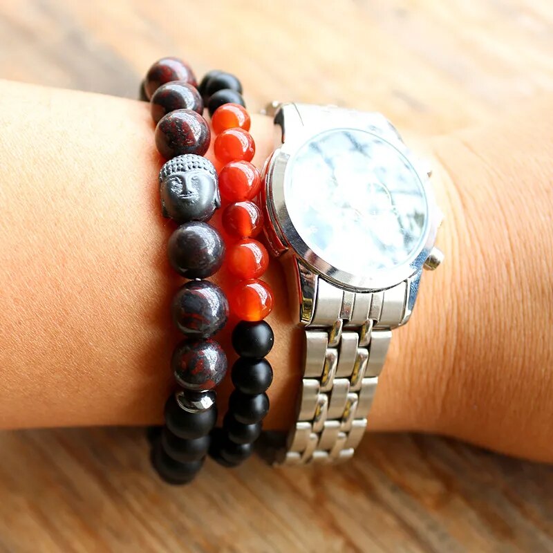 Stone Beads & Hematite Cross Buddha Charm Bead Bracelet Multilayer stretch Bracelets For Men Women Jewelry
