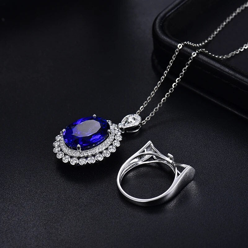 LOVERJEWELRY Real 18Kt White Gold 14.86ct Genuine Tanzanite Women Ring Real Diamonds Dual Use Function Jewelry Rings Or Pendant