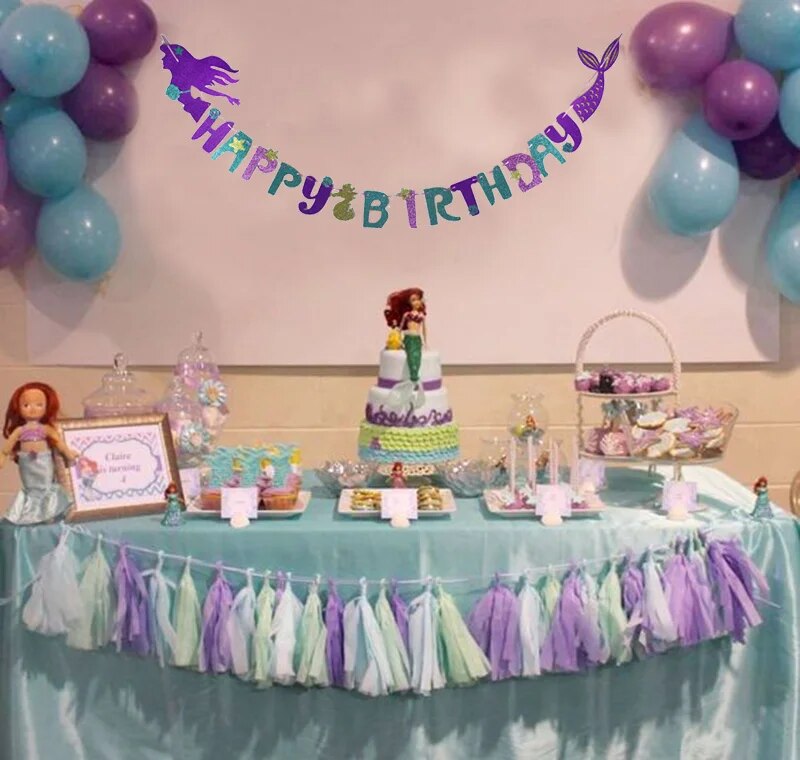 Mermaid Tail Party Headband Happy Birthday Bunting Banner Mermaid Birthday Party Decoration Girl Baby Shower Under the Sea Party