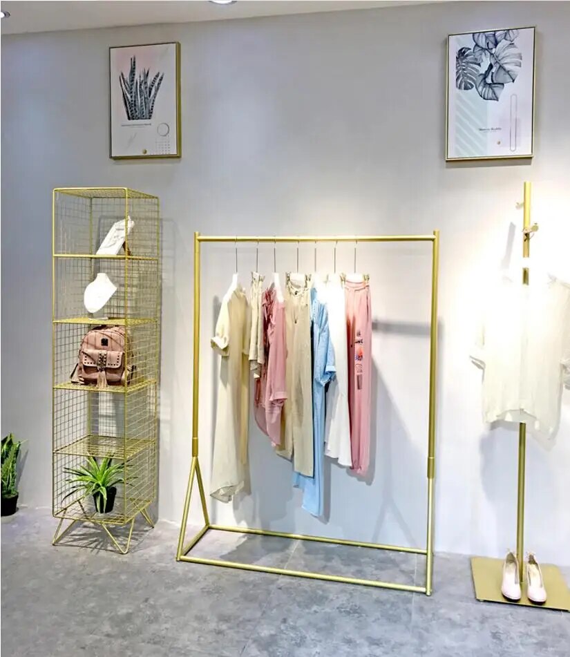 Clothing store display rack gold clothing rack women's clothing store shelf floor hangers do not drop paint shop design