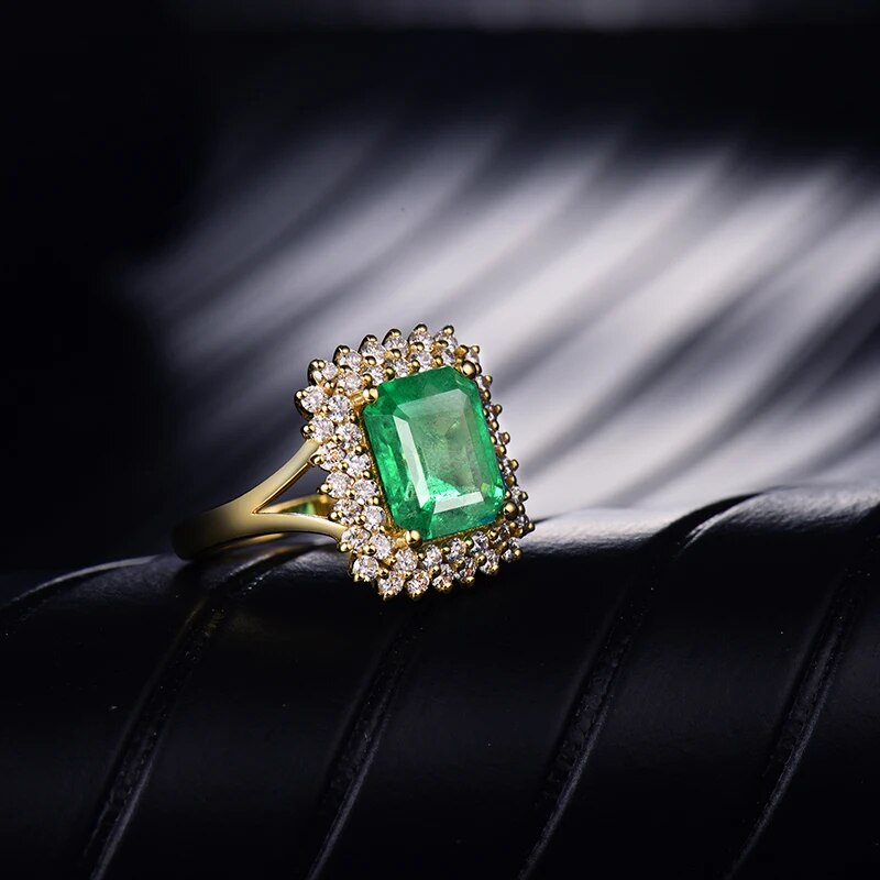 LANMI Ring For Women Natural 7x9mm Emerald Real 18Kt Yellow Gold Genuine Diamonds Anniversary Engagement Femme Rings Jewelry