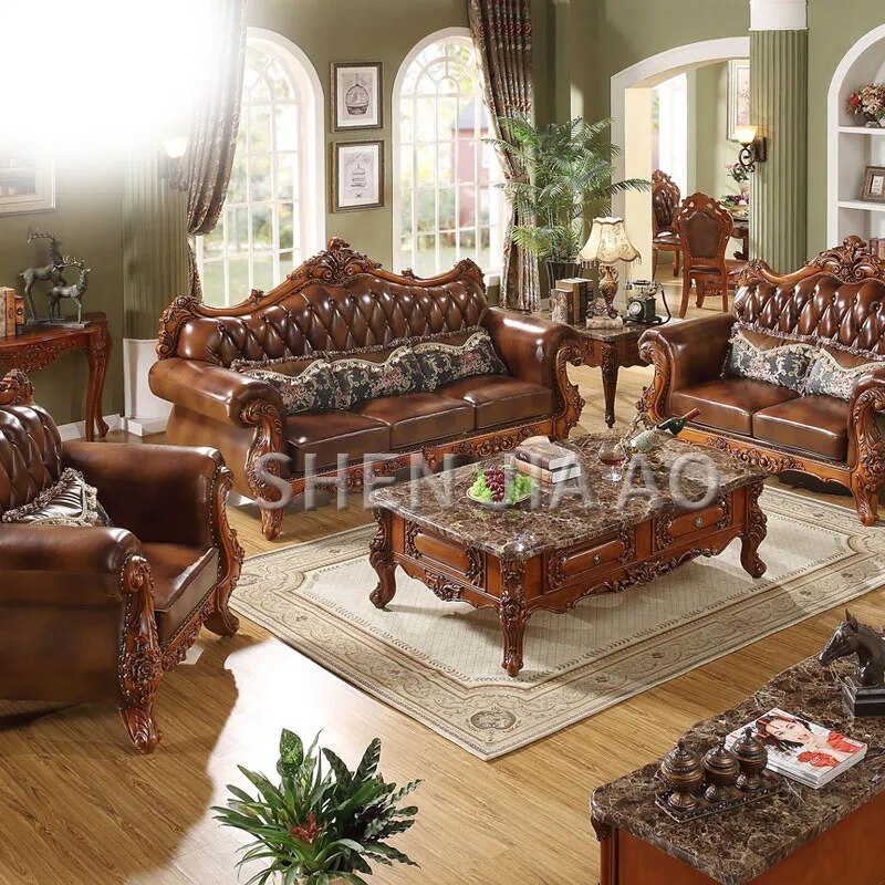 European Leather Sofa Luxury Solid Carved Sofa Living Room Solid Carved Combination Furniture Leather Sofa 1PC