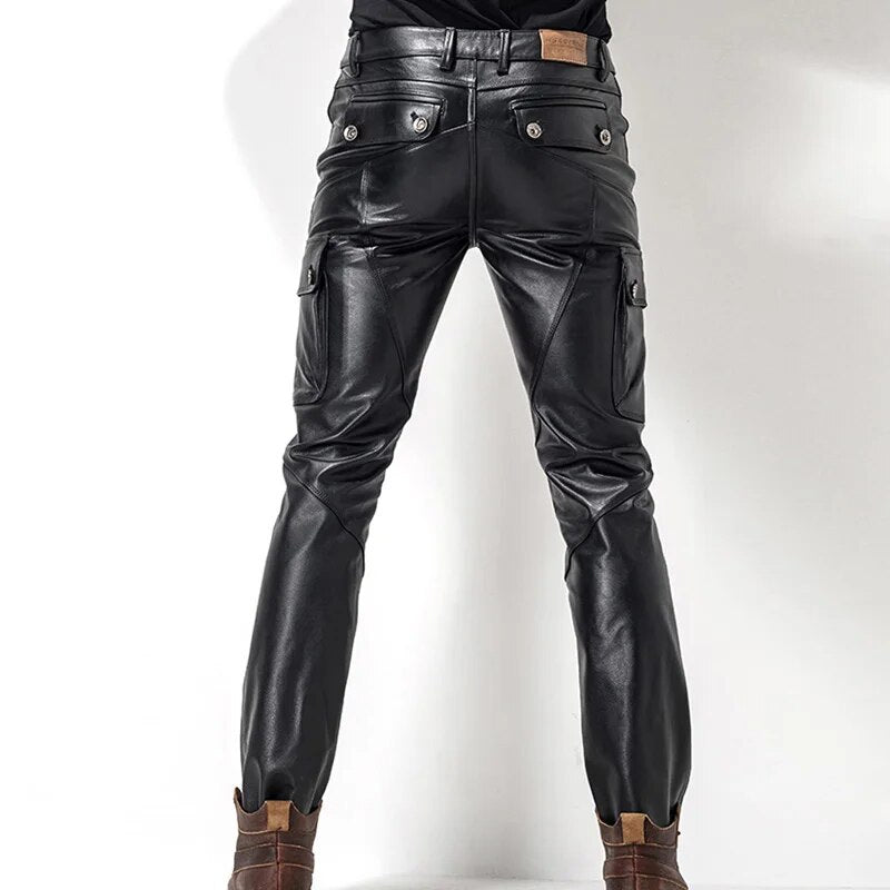 Men's Leather Pant Biker Pants Motorcycle Punk Rock Pants man's classic pocket leather pants leather trousers leatherpants  TJ06