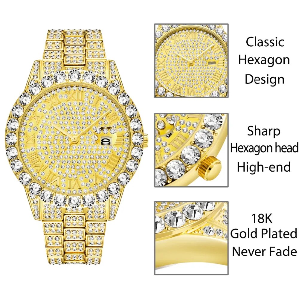 MISSFOX Men's Watch 2020 Top Selling Luxury Brand Gold Men Fashion Watches Men Big Diamond Bracelet Luxury Watch Men Gift Box