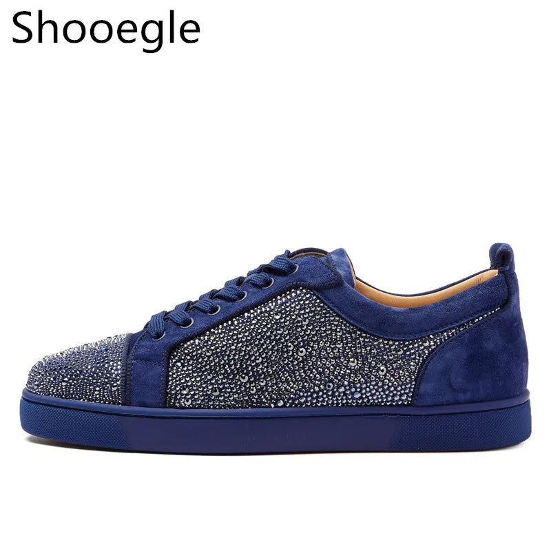 Fashion Blue Black Suede Leather Men Casual Shoes Rhinestone Sneakers Low Top Lace Up Flats Runway Chaussures Hommes