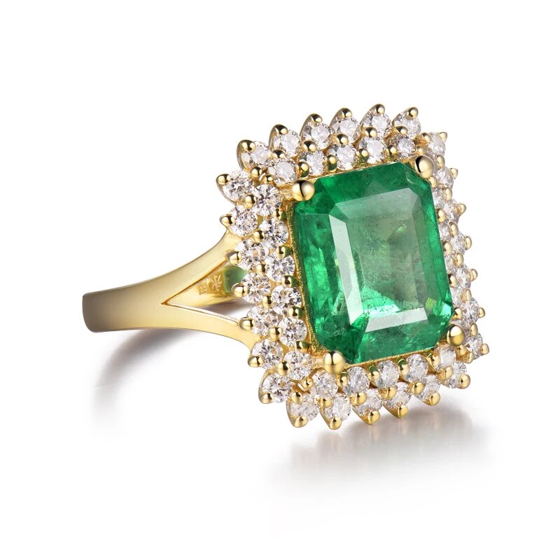 LANMI Ring For Women Natural 7x9mm Emerald Real 18Kt Yellow Gold Genuine Diamonds Anniversary Engagement Femme Rings Jewelry