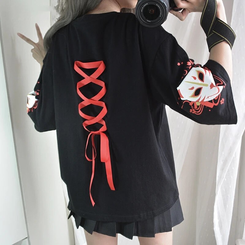 Japanese Harajuku T Shirt Women Vintage Kawaii Anime Cat Girl's Black Tops Lolita Gothic Animal Print Oversized Cute Tee Shirts