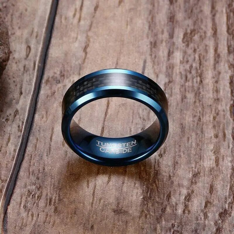 Vnox Blue Tungsten Rings for Men Wedding Bands 8mm Men's Carbon Fiber Tungsten Carbide Men Ring Jewelry