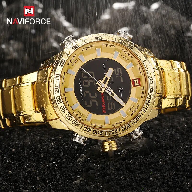 NAVIFORCE Men Clock Gold Watch Mens Digital LED Sport Wristwatch Men's Quartz Dual Display Waterproof Watches Relogio Masculino