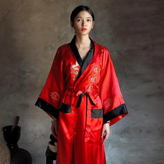 Novelty Reversible Black Red Women Satin Kimono Handmade Embroidery Dragon Nightgown  Robe Gown Two Side Sleepwear