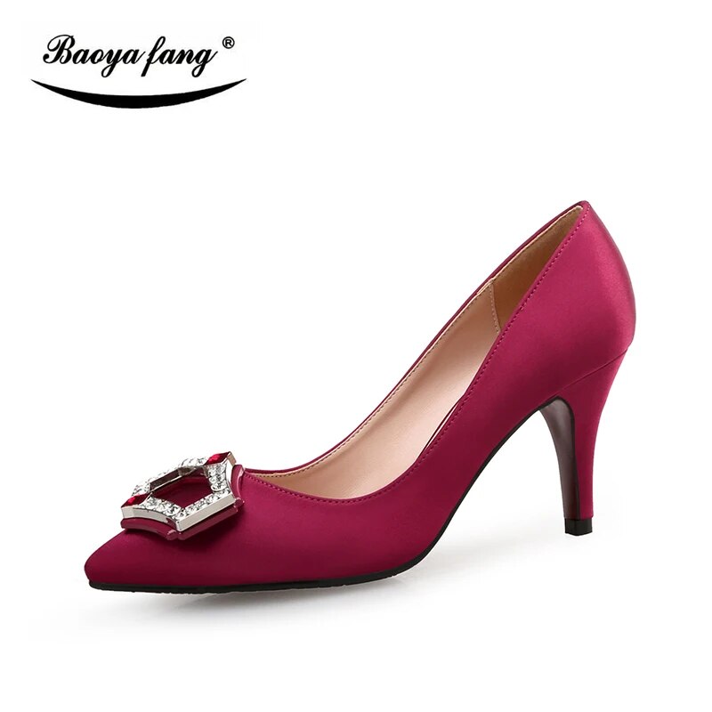 BaoYaFang Brand Satin Womens single shoes ladies 7cm thin heel High Pumps women Red sole Party Dress shoes Birde weidding shoes