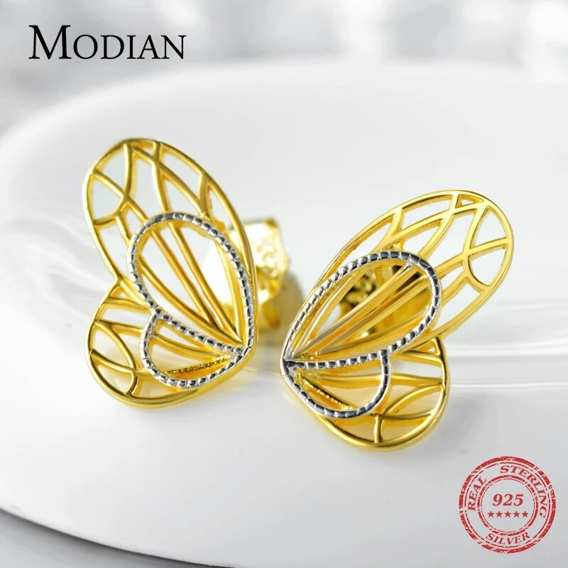Modian Fashion 100% 925 Sterling Silver 18K Gold Plated Line Lovely Butterfly Stud Earrings For Women Charm Silver Fine Jewelry